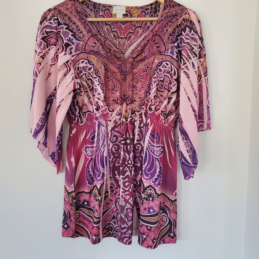 STARIALLE Sz S 3/4 Bell Sleeve Tunic Top Pink Purple V Neck Fairy Boho Hippie